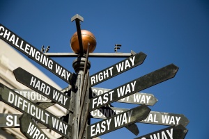 Directional Sign Post With Mixed Messages, Correct, Difficult, S