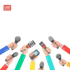 Live report concept, live news, hot news, news report, hands of journalists with microphones and digital recorders vector